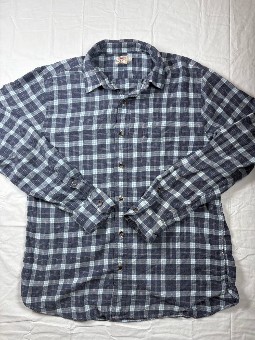 Faherty Navy and Light Blue Plaid Button-Down Shirt